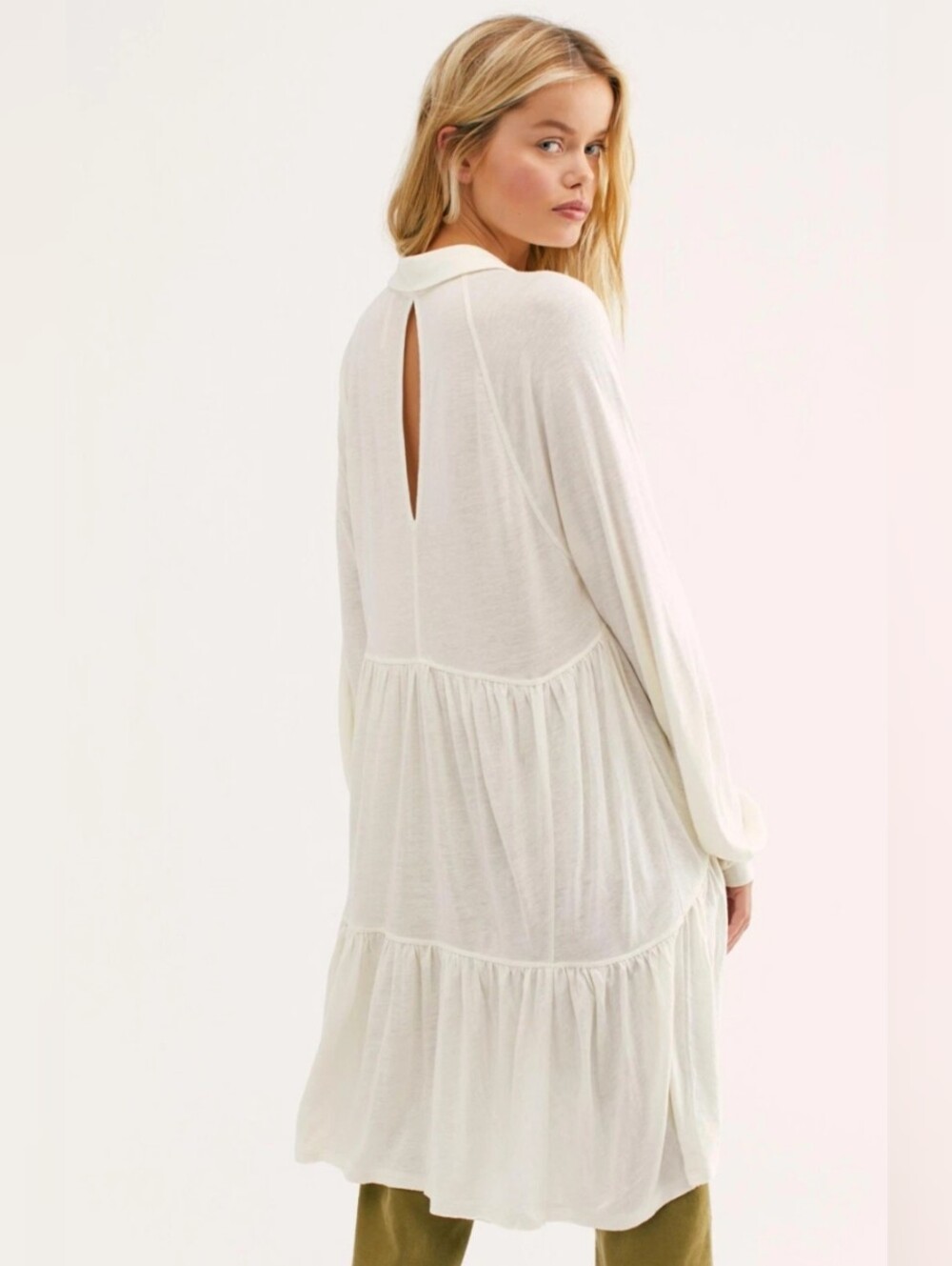 Free People Best Girl Cream Long-Sleeve Button Keyhole Tiered Tunic Top Dress M - Picture 3 of 13